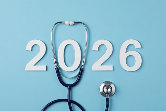 The year 2026, accompanied by a stethoscope, signifies future healthcare initiatives and medical advancements on a blue.