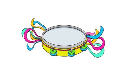 Colorful musical percussion instrument adorned with bright flowing ribbons is depicted on a plain background