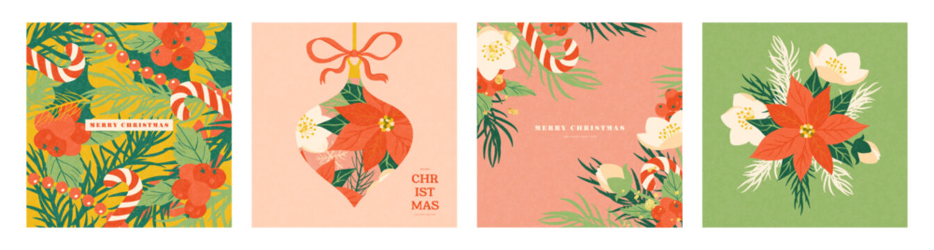 Set of modern flat graphic Christmas card design templates with a winter floral composition, featuring poinsettia, hellebore , holly berry, and a candy cane, for a holiday greeting, vector