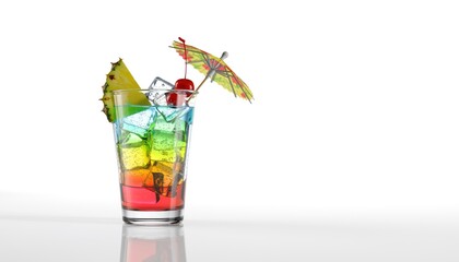 Colorful layered beverage with tropical fruit and decorative garnish sits on a reflective white surface