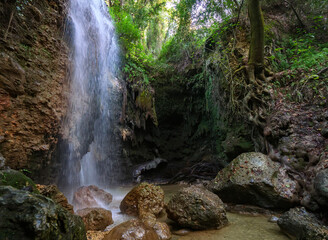 Tranquil forest scene featuring a waterfall gently flowing over moss-covered rocks into a calm stream surrounded by lush greenery and old tree roots in a Turkish canyon