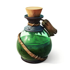 A stylized glass bottle filled with glowing green liquid, featuring a wooden cork and rope details.