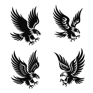 Black and white eagle with sharp claws extended, wings made of flames