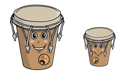 Cartoon percussion instruments display happy expressions in two different sizes