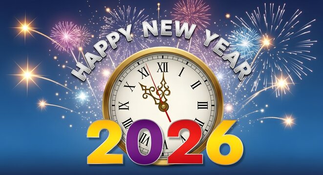 Happy new year 2026 celebration with fireworks and a vintage clock counting down to midnight