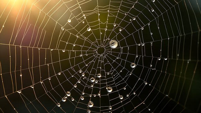 dismembering. A spider web with morning dew drops, backlit by soft sunlight. wildlife magazines, conservation campaigns, designed for eco-tourism storytelling, used by chefs.