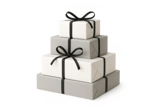 Stack of white and gray gift boxes tied with black ribbons and bows, creating a festive tiered arrangement, transparent background