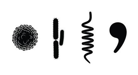 Black silhouette of virus, bacteria, spring and comma isolated on white background