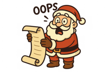 Santa claus cartoon character reading his naughty or nice list, making an 'oops' mistake, transparent background