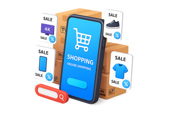 3D Parcel Box in Front of Smartphone for Online Shopping and Delivery Concept