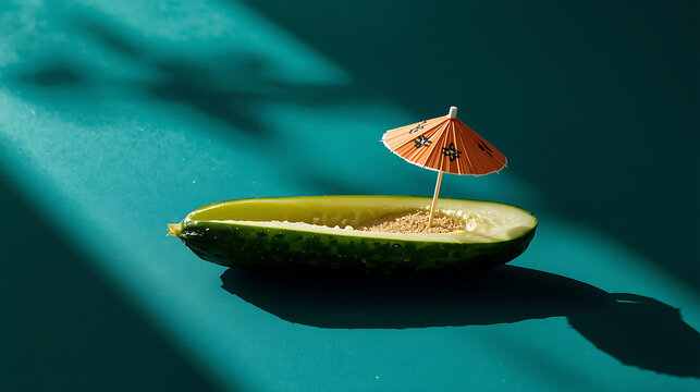 A creative photo features a half cucumber with a small cocktail umbrella, resembling a miniature tropical boat or beach scene.