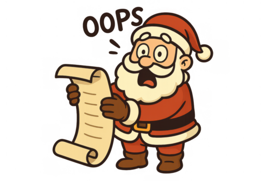 Santa claus cartoon character reading his naughty or nice list, making an 'oops' mistake, transparent background