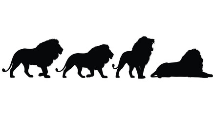 Four lion silhouettes isolated on white background in different positions