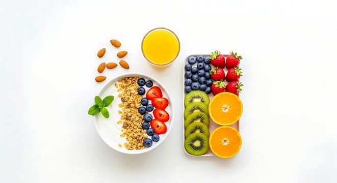 Vibrant overhead view of a healthy breakfast bowl with yogurt granola berries and a colorful fruit platter on a white background