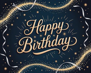 Elegant happy birthday greeting card featuring golden script text and sparkling confetti against a dark blue background