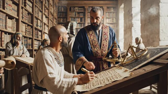 In a grand ancient library, two scholars engage deeply with scrolls and instruments. Their focused expressions reveal a quest for knowledge amidst the towering shelves.