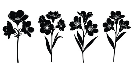 Four flower silhouettes isolated on white background in a row arrangement