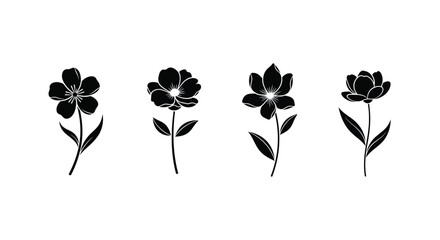 Four flower silhouettes isolated on white background in a row arrangement
