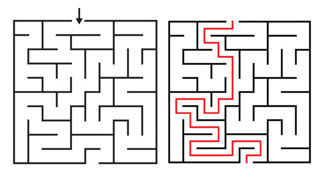 Rectangular Orthogonal Maze Game for Kids and Adults - Simple and Easy Maze Game Flat Vector Black and White Outline Illustration.