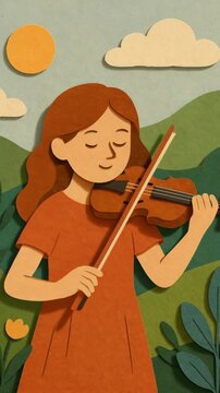 Whimsical paper-cut style illustration of a girl playing violin outdoors. Captured from a front angle, ideal for animated video projects. Live mobile wallpaper.