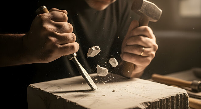 Stone worker using hammer and chisel to sculpt a piece of marble, Sculptor crafting with traditional stone carving tools in close-up