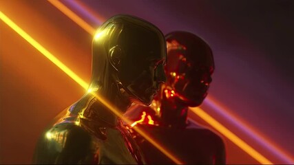 Two glossy metallic humanoid figures are illuminated by diagonal beams of golden and orange light against a dark colorful background - Powered by Adobe