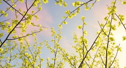 Random pattern of thin and thick spring branches, light-green leaves glowing under sun, dreamy pastel sky, airy natural light, soft-focus realism