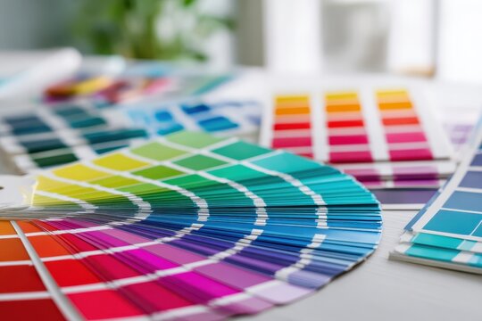 Color guide. Set of color cards on white background. Vibrant colors palette guide. Paper fan used for graphic design work, choosing. Color-accurate swatches picker. Various shades and tones Assortment