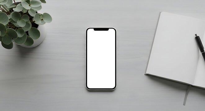 Modern smartphone with blank screen centered on a clean desk next to a notebook and pen