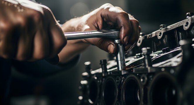 Close-up of Mechanic Working on Car Engine with Wrench, Sparks Flying, Precision Engine Building: A Mechanic's Intense Focus on Cylinder Head Repair - Powered by Adobe