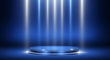 Radiant Stage with Blue Backdrop Glowing Spotlights for Presentations Product Mockups
