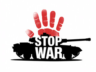 Powerful anti-war message featuring a tank silhouette and a red hand print, urging peace and global harmony through visual activism and awareness