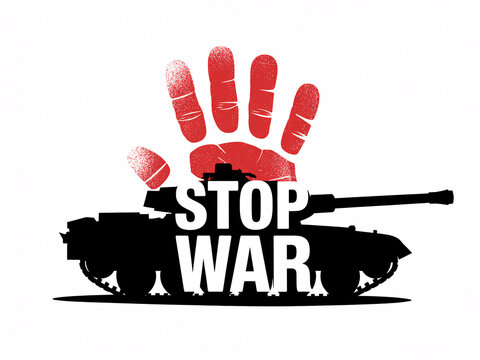 Powerful anti-war message featuring a tank silhouette and a red hand print, urging peace and global harmony through visual activism and awareness