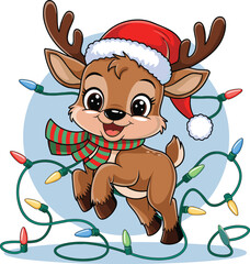 Cute cartoon baby reindeer wearing a Santa hat and striped scarf, jumping joyfully while tangled in colorful Christmas lights