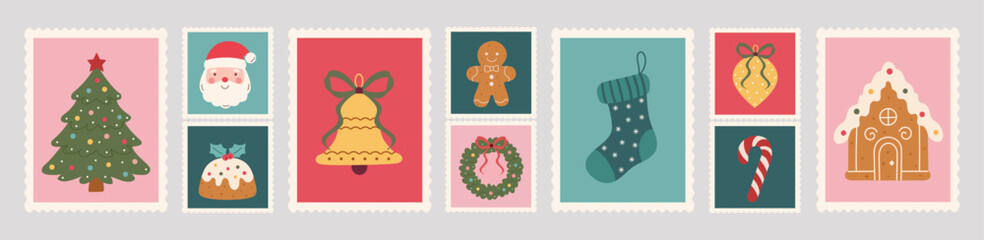 Vintage Christmas postage stamp set: Xmas tree, stocking, bell, bows,ribbons,gingerbread house. Soft pink, teal, red hues with scalloped edges evoke a cozy festive feel.Mail postmark.Hand-drawn vector