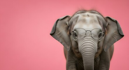 Elephant With Glasses: A charming young elephant sporting stylish glasses, set against a vibrant background, exudes an aura of intelligence and curiosity.