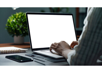 Hands typing on laptop keyboard at modern office desk, showcasing technology and productivity for business success and online work