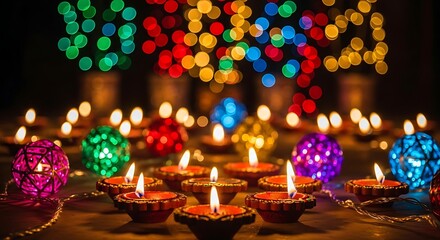 Vibrant diwali festival celebration with colorful illuminated diya lamps and bokeh lights creating a festive and spiritual atmosphere