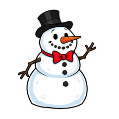 Charming snowman with top hat and red bow tie waves hello