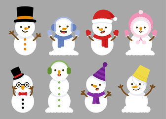 Cute snowman clipart set with Christmas hats, scarves, earmuffs, and winter accessories in various expressions. Perfect for holiday cards, stickers, posters, wrapping, and seasonal graphic designs.