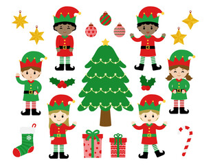Cute Christmas elf clipart set with festive tree, gifts, ornaments, and candy canes. Perfect for holiday cards, posters, gift wrapping, children’s projects, and seasonal graphic designs.