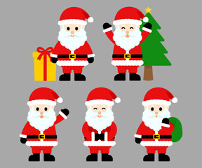 Cute Santa Claus clipart set in flat style with different poses and holiday elements. Perfect for Christmas cards, stickers, gift wrapping, festive invitations, and winter decorations.