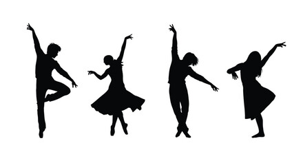 Silhouette of four dancers isolated on white background performing on stage