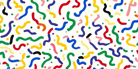 Colorful, playful abstract pattern with squiggly lines and dots on white background