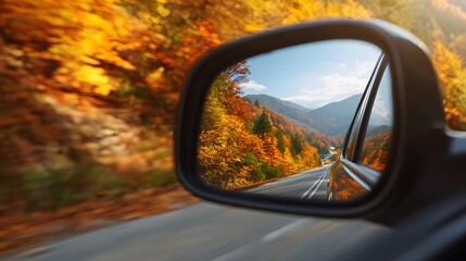 Motion view along a mountain road shows vibrant autumn foliage reflected in a side vehicle mirror