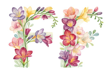 Watercolor Letter F with flower vector illustration isolated on white background