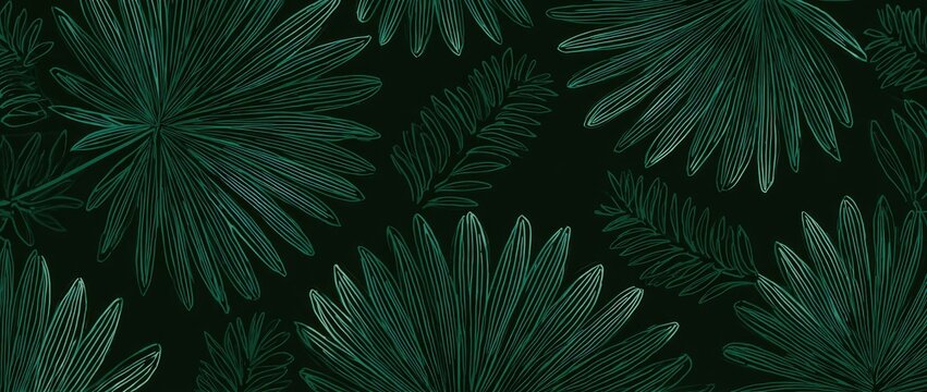 Dark green tropical leaves pattern with elegant line art style - Powered by Adobe