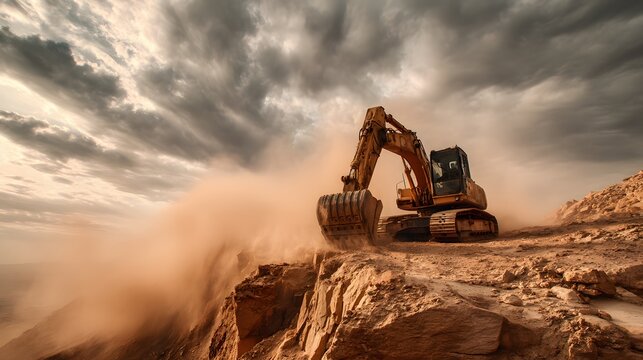 Heavy machinery operates dynamically on a rugged, dusty cliff edge beneath dramatic cloud cover
