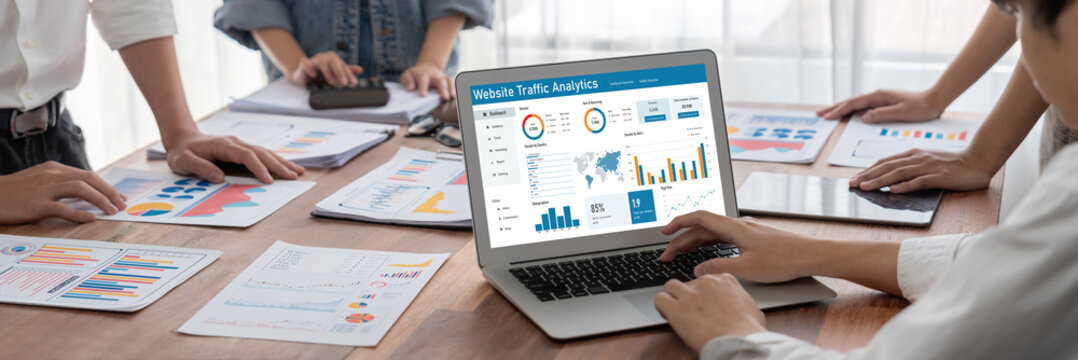 Computer software for website traffic analytics data on computer screen. Concept of SEO search engine optimization and customer targeting for online business brisk