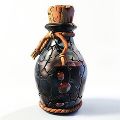 A detailed close-up of a dark, ornate potion bottle with a cork and rope detailing.